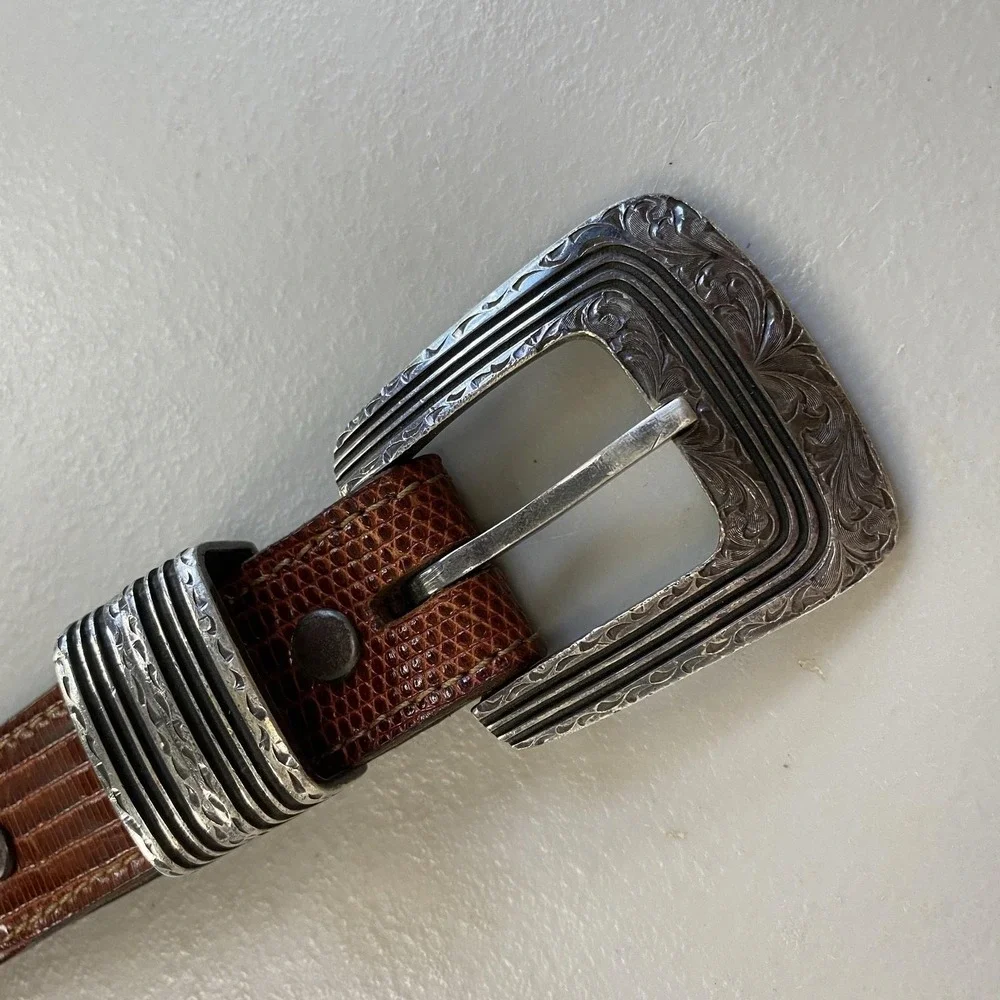 VTG Chacon Sterling Silver Genuine Lizard Belt Brown Mens 39 Fits 38 39 40 41 42